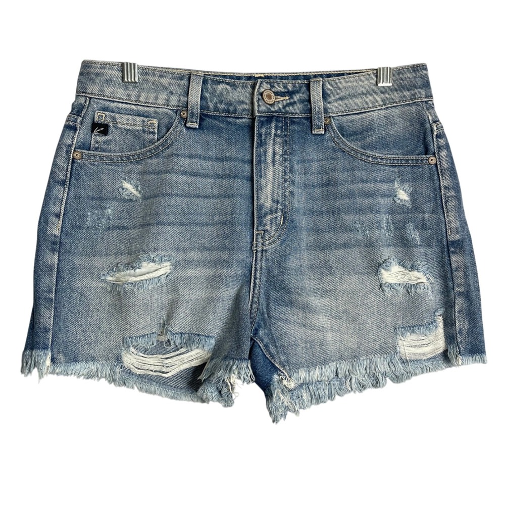 Kancan High Rise Raw Hem Shorts Womens M Blue Medium Wash Distressed Denim